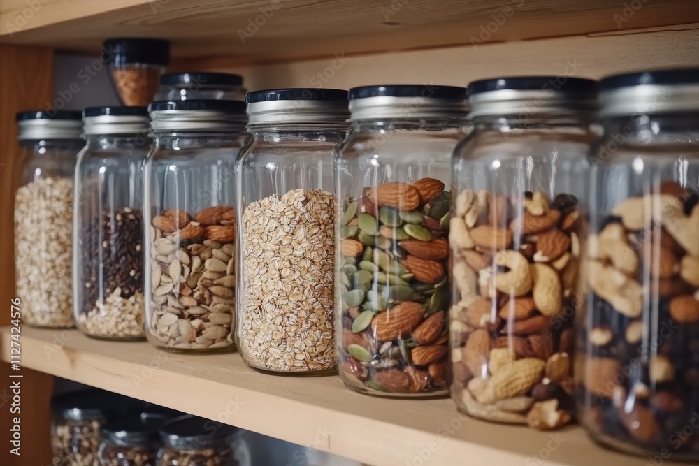 Healthy products displayed on a wooden shelf with jars of nuts, seeds, and cereals Healthy products displayed on a wooden shelf with jars of nuts, seeds, and cereals
