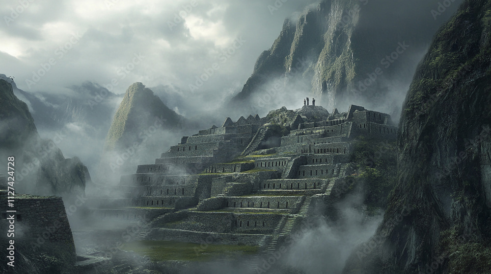 Fototapeta premium Mysterious Ancient City in Misty Mountains Travel Exploration History Adventure
