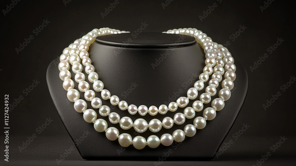 Elegant Triple Strand Pearl Necklace on Black Display Elegant Triple Strand Pearl Necklace on Black Display