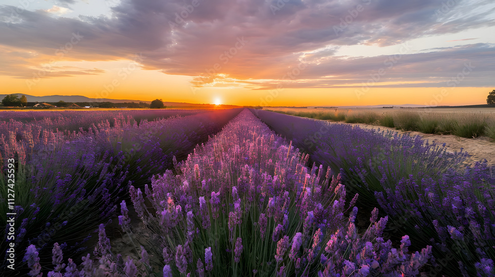 Obraz premium A field of lavender blending into the horizon under a golden orange sunset
