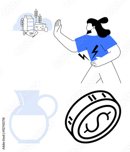 Man in blue shirt refusing milk, fish, and cheese coin with dollar symbol clear jug. Ideal for financial planning, dietary choices, lactose intolerance, veganism, budget management, cost analysis