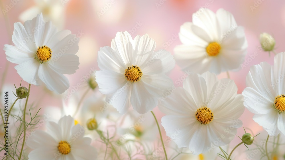 Fototapeta premium Delicate white cosmos flowers on pink background