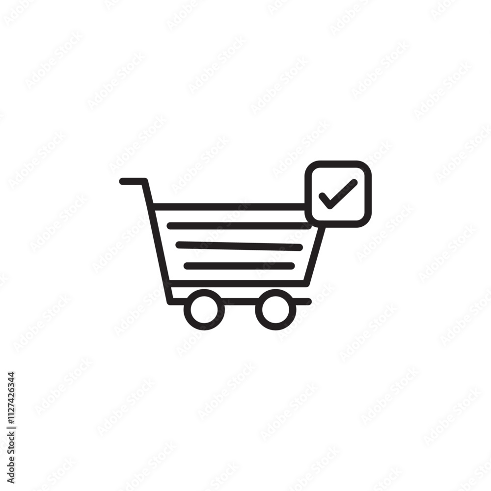 Shopping cart and check mark icon Vector flat thin line illustration Shopping cart and check mark icon Vector flat thin line illustration