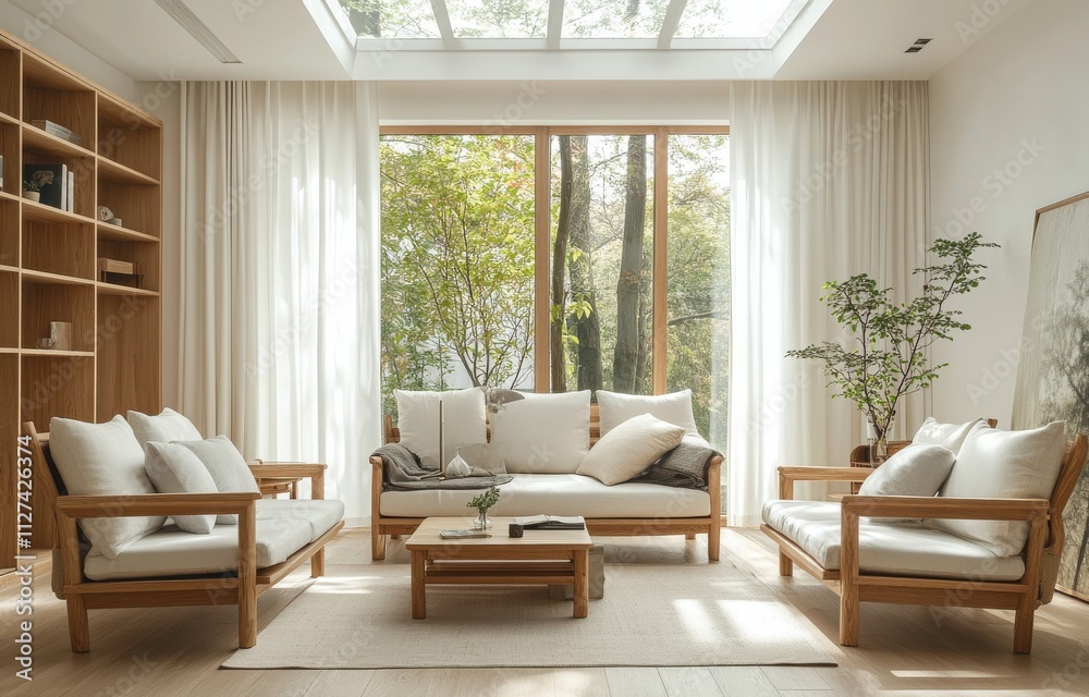 Fototapeta premium Modern living room with large windows, white walls, and natural light creating a bright and inviting atmosphere