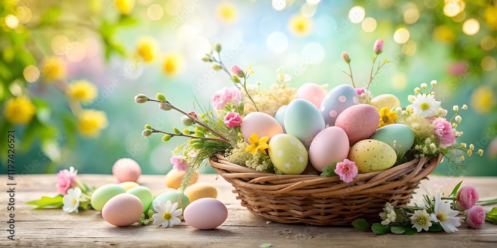 Pastel Easter eggs in a wicker basket adorned with spring flowers, placed on a wooden table with a colorful blurred garden background, offering cheerful holiday vibes and copy space. Pastel Easter eggs in a wicker basket adorned with spring flowers, placed on a wooden table with a colorful blurred garden background, offering cheerful holiday vibes and copy space.