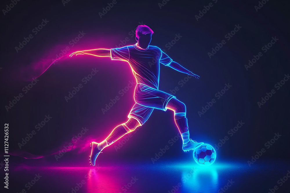 A neon silhouette of a soccer player kicking a ball, showcasing athleticism and movement.
