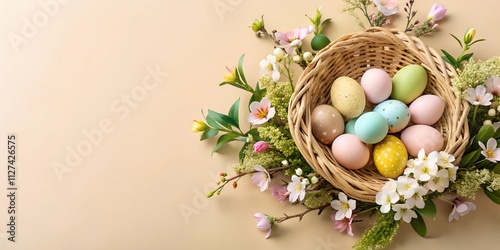  Easter eggs in soft pastel shades arranged in a wicker basket surrounded by delicate pink and white blossoms on a neutral beige background with ample copy space for creative use.