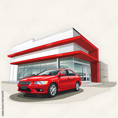 A modern car dealership is depicted with a red sedan on display. Ideal for automotive and business content. Keywords automobiles, automotive, business, cars, dealership, illustration