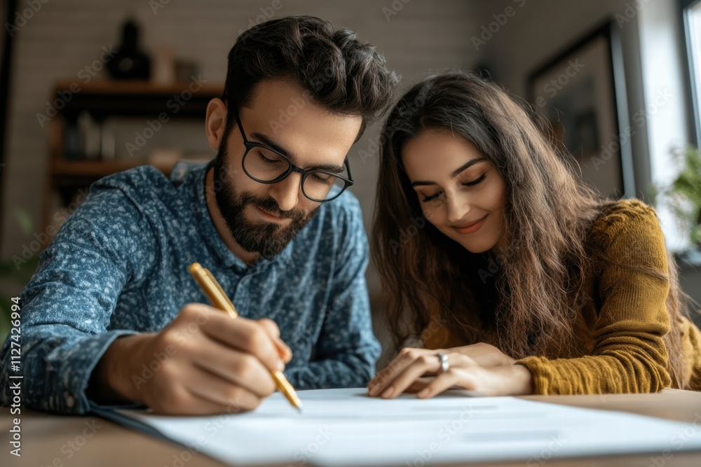 Young couple signs contract to purchase real estate in cozy home office setting Young couple signs contract to purchase real estate in cozy home office setting