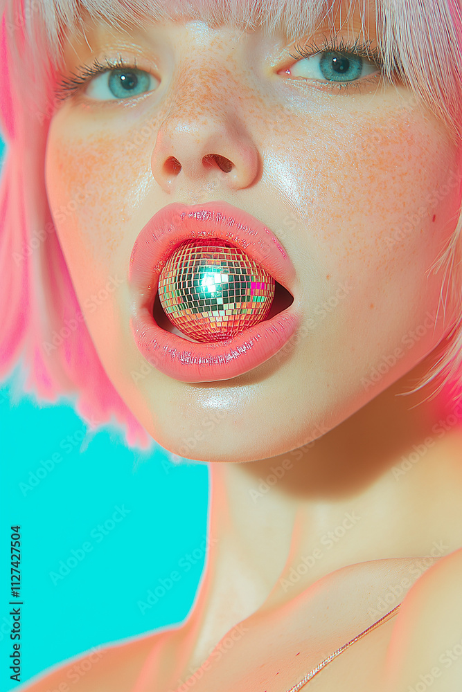 A close-up portrait of a woman with pink hair and a disco ball in her mouth. Retro-inspired and futuristic fashion statement. A close-up portrait of a woman with pink hair and a disco ball in her mouth. Retro-inspired and futuristic fashion statement.