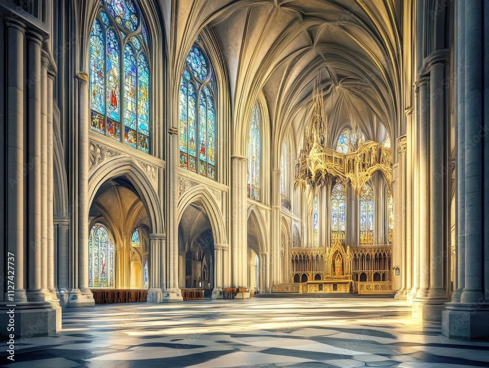 Fototapeta premium Sunlit cathedral interior, stained glass, grand altar.