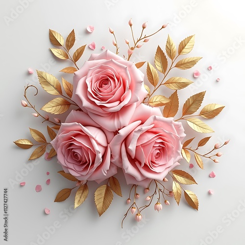 a wreath of pink roses with leaves and branches.