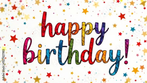 A vibrant happy birthday greeting is displayed with multi-colored letters surrounded by colorful stars and festive confetti. This cheerful design is perfect for birthday celebrations and parties.