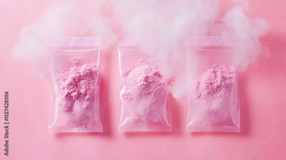 Pink Powder in Plastic Bags Haze Effect Beauty Product Cosmetics Studio Shot Pink Powder in Plastic Bags Haze Effect Beauty Product Cosmetics Studio Shot