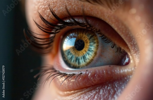 A close-up view highlights the intricate patterns of a green and orange eye, showcasing long eyelashes and textured skin around it, beautifully illuminated by natural ambient light.