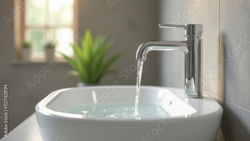 Water flowing from the faucet in the bathroom with a window in the background