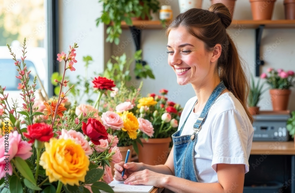 A cheerful young woman with long brown hair is writing notes while surrounded by vibrant flowers in pots. Sunlight streams into a charming flower shop, enhancing the lively atmosphere. A cheerful young woman with long brown hair is writing notes while surrounded by vibrant flowers in pots. Sunlight streams into a charming flower shop, enhancing the lively atmosphere.