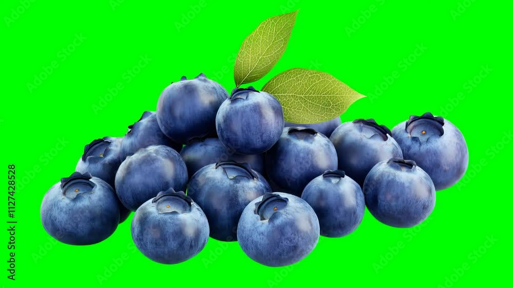 A collection of fresh blueberries sits together on a vibrant green backdrop