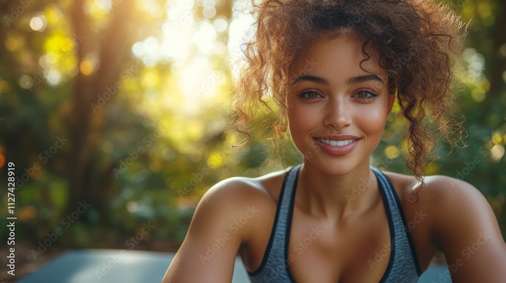 A young woman with curly hair smiles warmly while sitting outdoors in a vibrant forest. Sunlight filters through the trees, highlighting her joyful expression. A young woman with curly hair smiles warmly while sitting outdoors in a vibrant forest. Sunlight filters through the trees, highlighting her joyful expression.