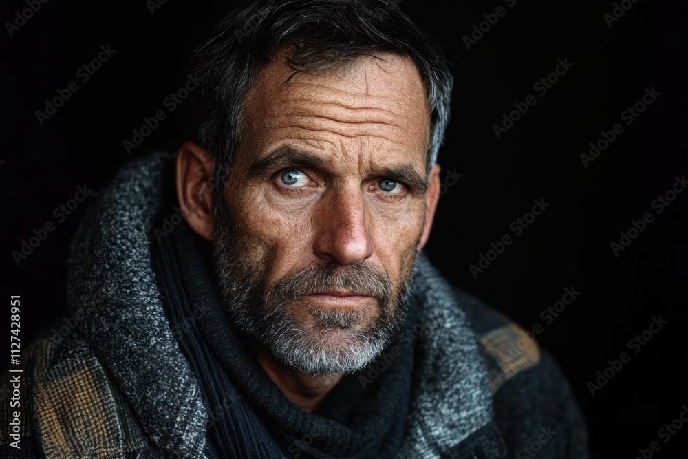 Portrait of a homeless man with a thoughtful expression on a dark background Portrait of a homeless man with a thoughtful expression on a dark background