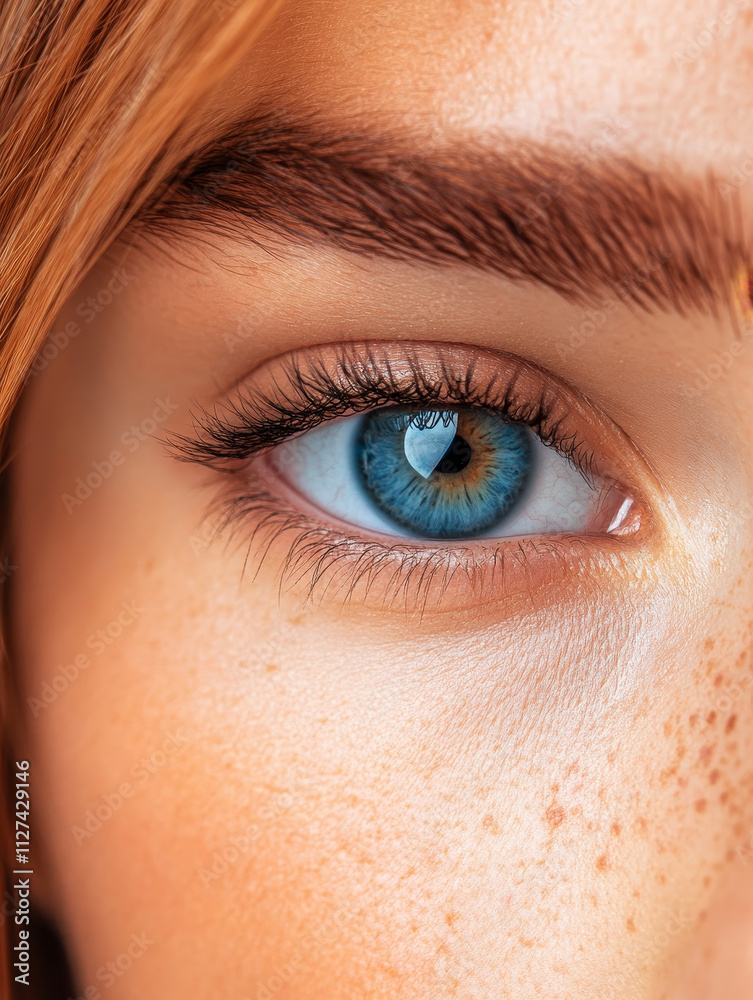 Obraz premium A Close Up of a Woman's Freckled Face and Blue Eye - A captivating close-up showcasing a woman's radiant face, featuring striking blue eyes, delicate freckles, and naturally defined brows. Symbolizin