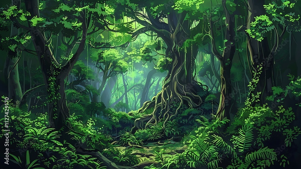 A dense jungle with towering trees, thick vines, and rich green foliage A dense jungle with towering trees, thick vines, and rich green foliage