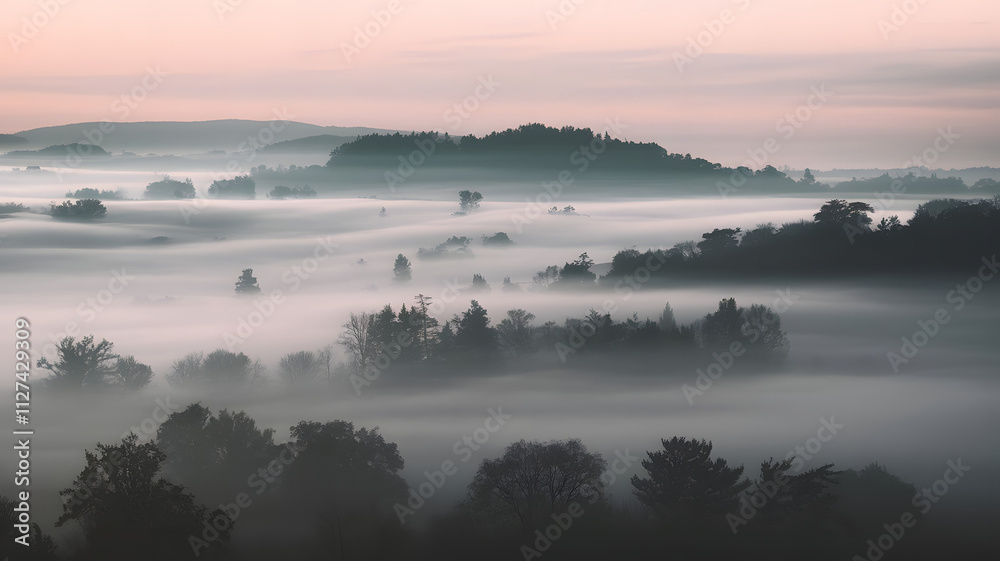 Obraz premium A foggy morning with silhouettes of distant hills barely visible through the mist