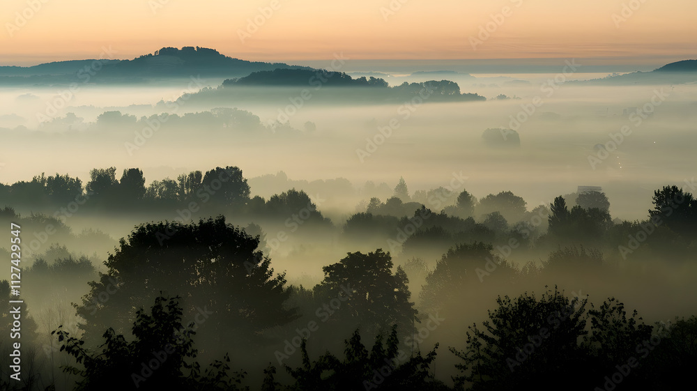 Obraz premium A foggy morning with silhouettes of distant hills barely visible through the mist