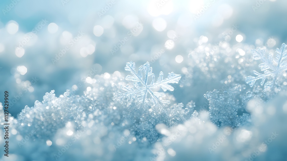 Sparkling Snowflakes Resting On A Snowy Surface Sparkling Snowflakes Resting On A Snowy Surface