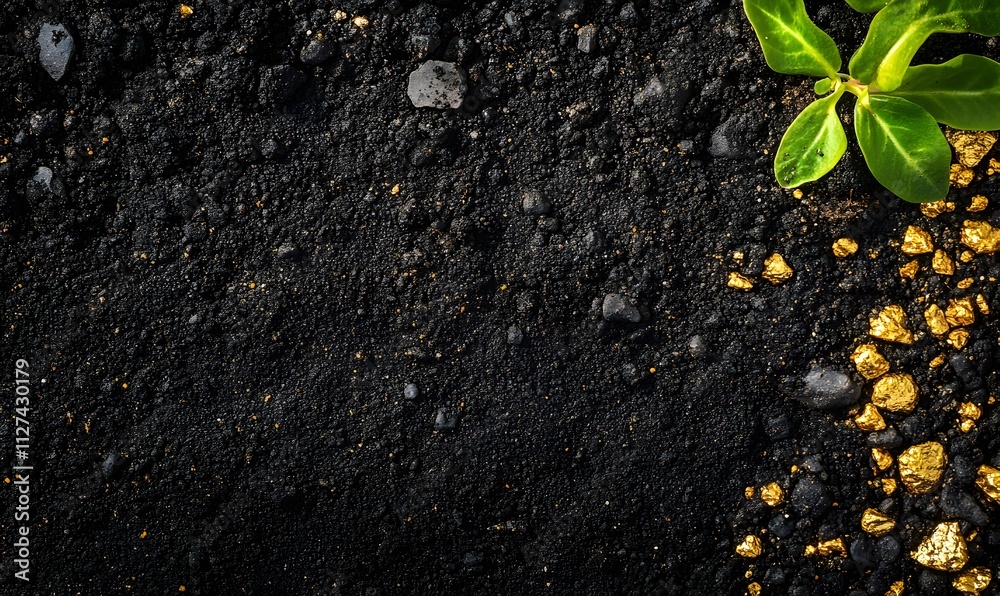 Naklejka premium Gold nuggets in dark volcanic soil with green leaves.