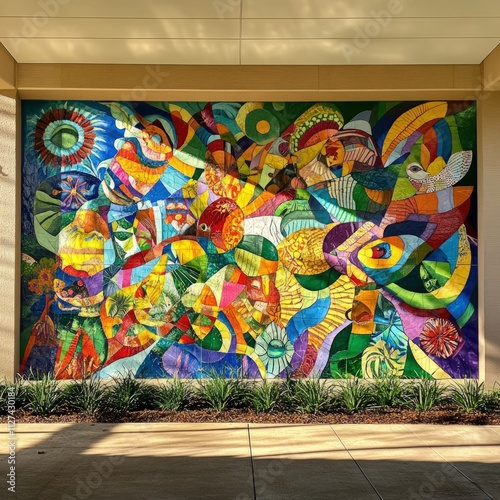 Vibrant mosaic mural, colorful, outdoor art.