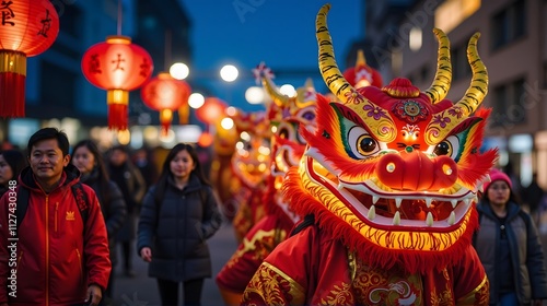 Vibrant Lunar New Year Parade: Dragon Dance and Festive Lanterns Illuminate City Streets