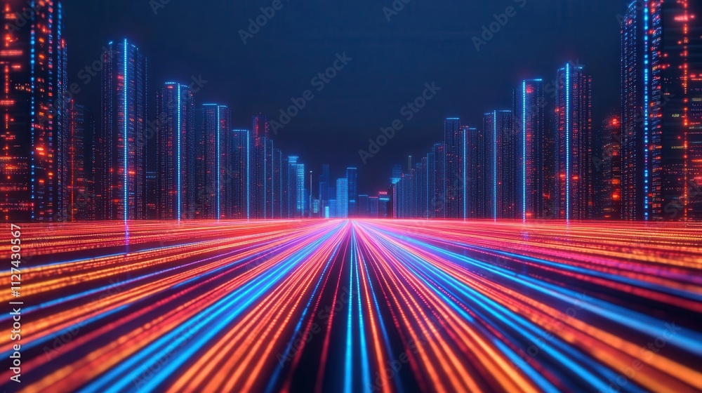 Nighttime urban scene with buildings lit by fiber optic-inspired digital streaks, futuristic and innovative Nighttime urban scene with buildings lit by fiber optic-inspired digital streaks, futuristic and innovative