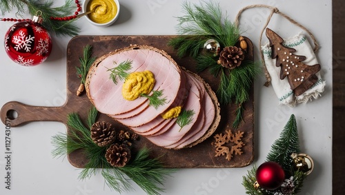 Traditional Swedish Christmas ham with mustard and greens