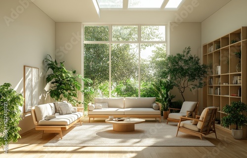 Inviting and serene living room interior with abundant greenery and wooden floors complemented by large windows