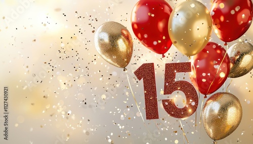 A creative birthday card cover with the number 15 in red and gold, accented with balloons and sparkles to celebrate the occasion. photo