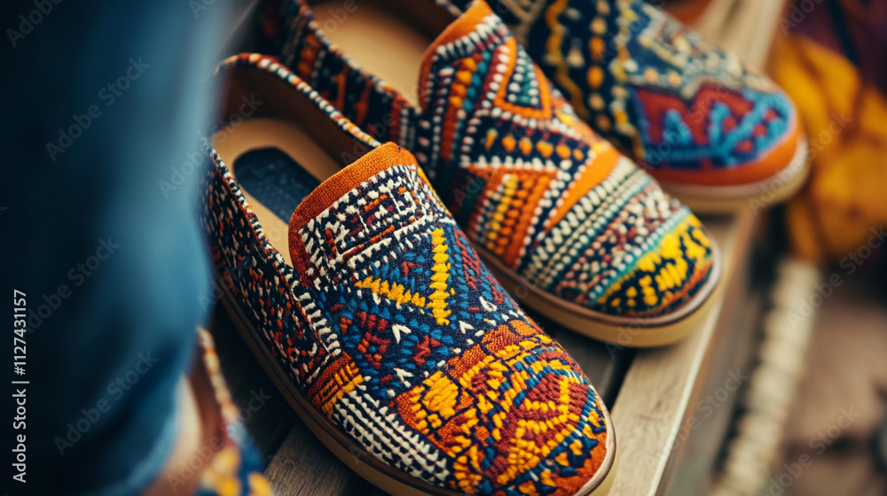 Fototapeta premium Colorful Ethnic Patterned Slip On Shoes Bohemian Style Footwear Handmade Textile Design