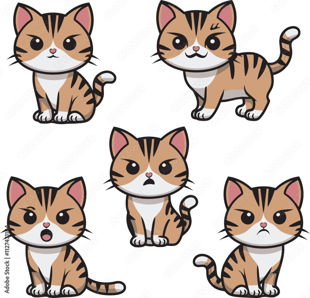 A flat-style vector illustration of cute cats with different expressions and actions with white background, set of funny cats A flat-style vector illustration of cute cats with different expressions and actions with white background, set of funny cats