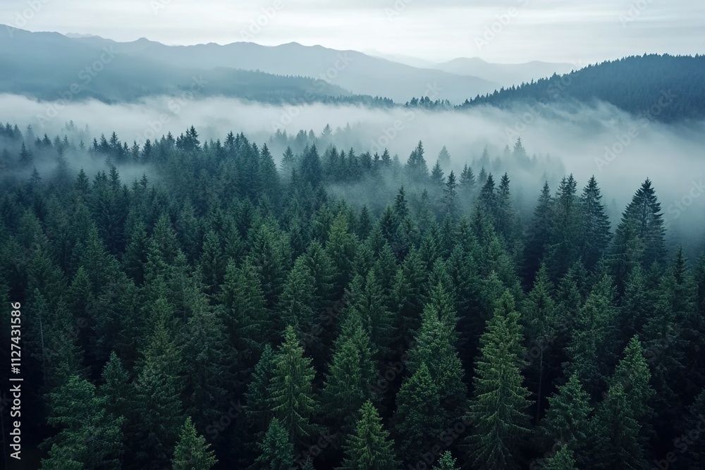 Fototapeta premium A panoramic view of the dense forest, with mist rising from its trees and hills in the background.