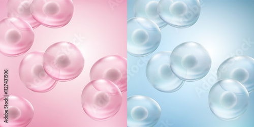 Cell stem science background. Vector medical microscopic molecular conception banner. Biology 3d research dna nucleus particles pattern