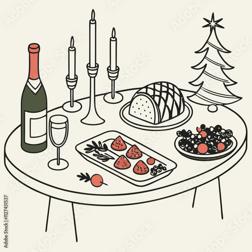 Christmas dinner table in retro vintage style. New year decor candles, food, wine or champagne doodle set. Line art contemporary minimalist print style hand drawn ink holiday menu elements collection.