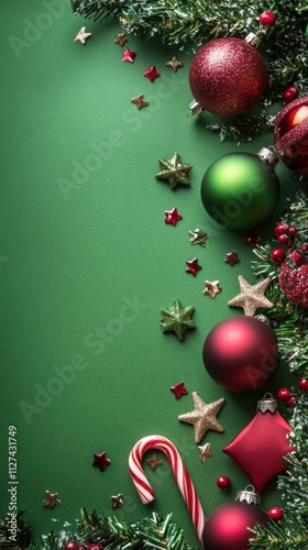 Festive christmas decor on vibrant green background photo