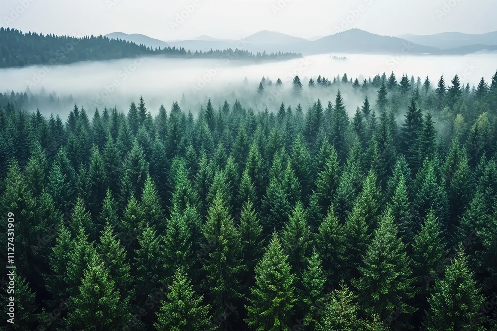 A panoramic view of the dense forest, with mist rising from its trees and hills in the background. A panoramic view of the dense forest, with mist rising from its trees and hills in the background.