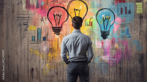 Businessman is looking at colorful wall with light bulbs and business charts, having new ideas and business solutions