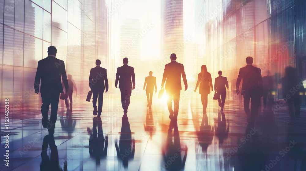 Businesspeople are walking towards a bright future in a modern city with skyscrapers and glass buildings Businesspeople are walking towards a bright future in a modern city with skyscrapers and glass buildings
