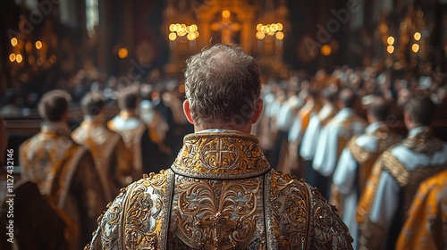 A spiritually relaxing view of a Clergy vest sacred rituals in an ornate sacristy with intricate vestments photo