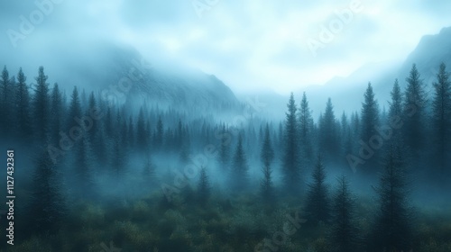 Ethereal foggy forest background with blurred trees, offering plenty of copy space for creative designs.