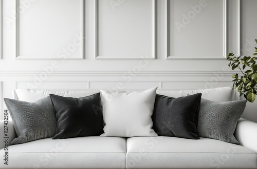 Stylish white sofa with black and grey pillows in a modern living room setting with artistic decor