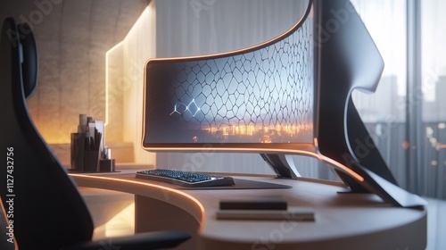 Modern curved computer monitor on a sleek desk in a contemporary office.