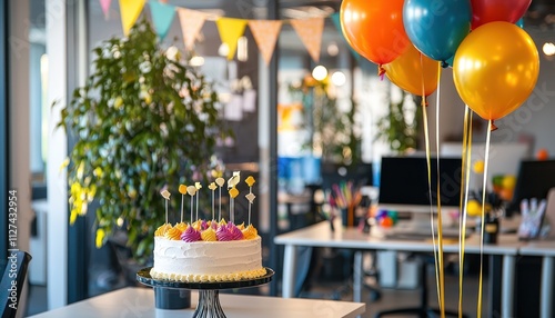 A modern office decorated with balloons, a cake, and congratulatory banners, celebrating an employee's work anniversary with joy and cheer.